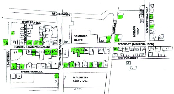Kart over Jammerdalen og Møllehaugen. Innenfor dette kartutsnittet er det ca 30 butikker rundt år 1901. Det fantes en liten kolonialforretning i alle hus som er merket med grønt. Kart ved Lisa Thelin Knutsen.